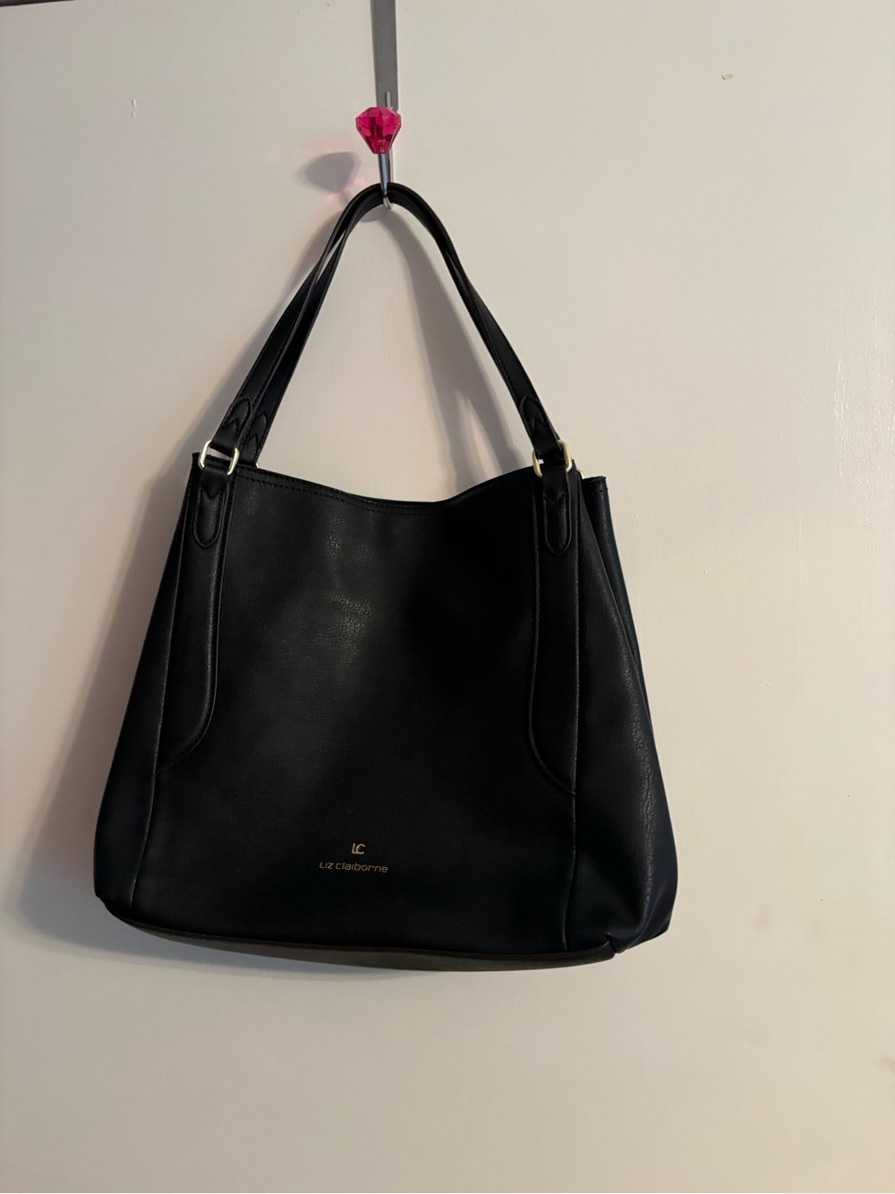 Liz Claiborne Black Leather Shoulder Bag with Gold Hardware